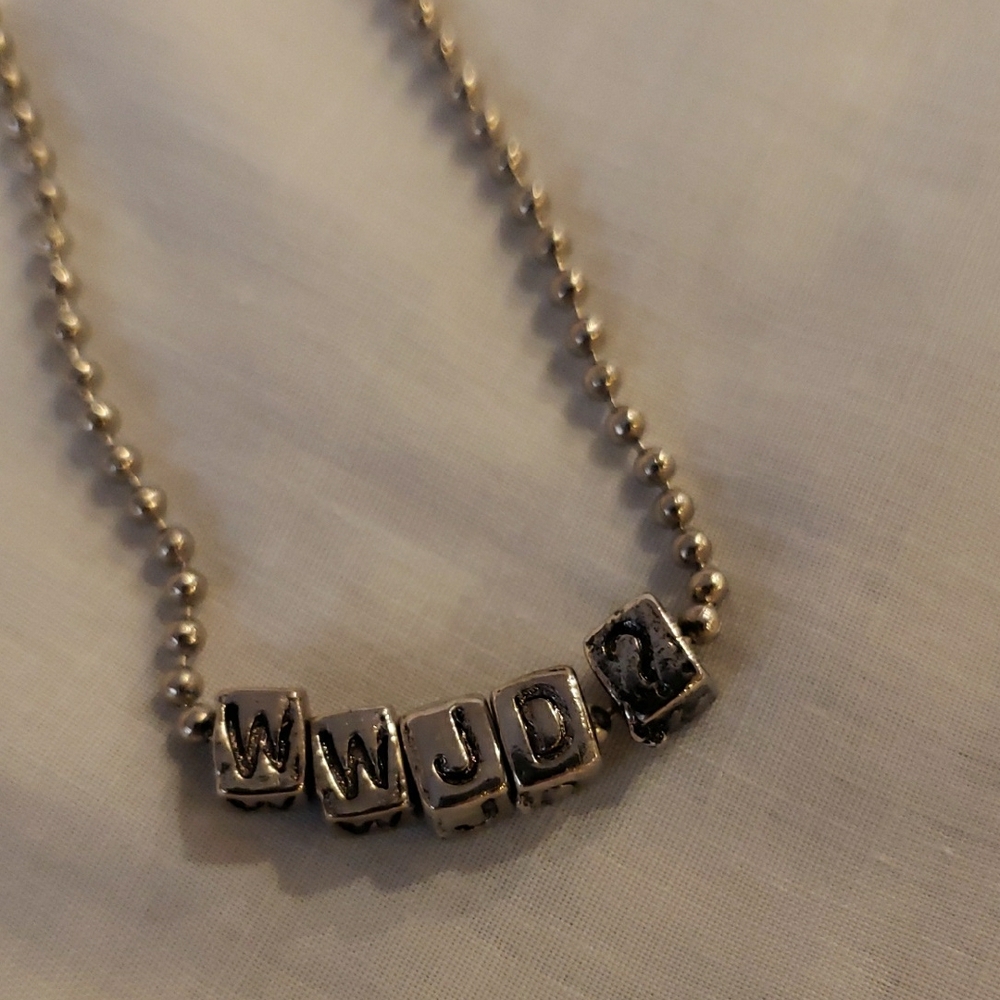Silver "WWJD?" Beaded Letter Blocks Necklace - 18"